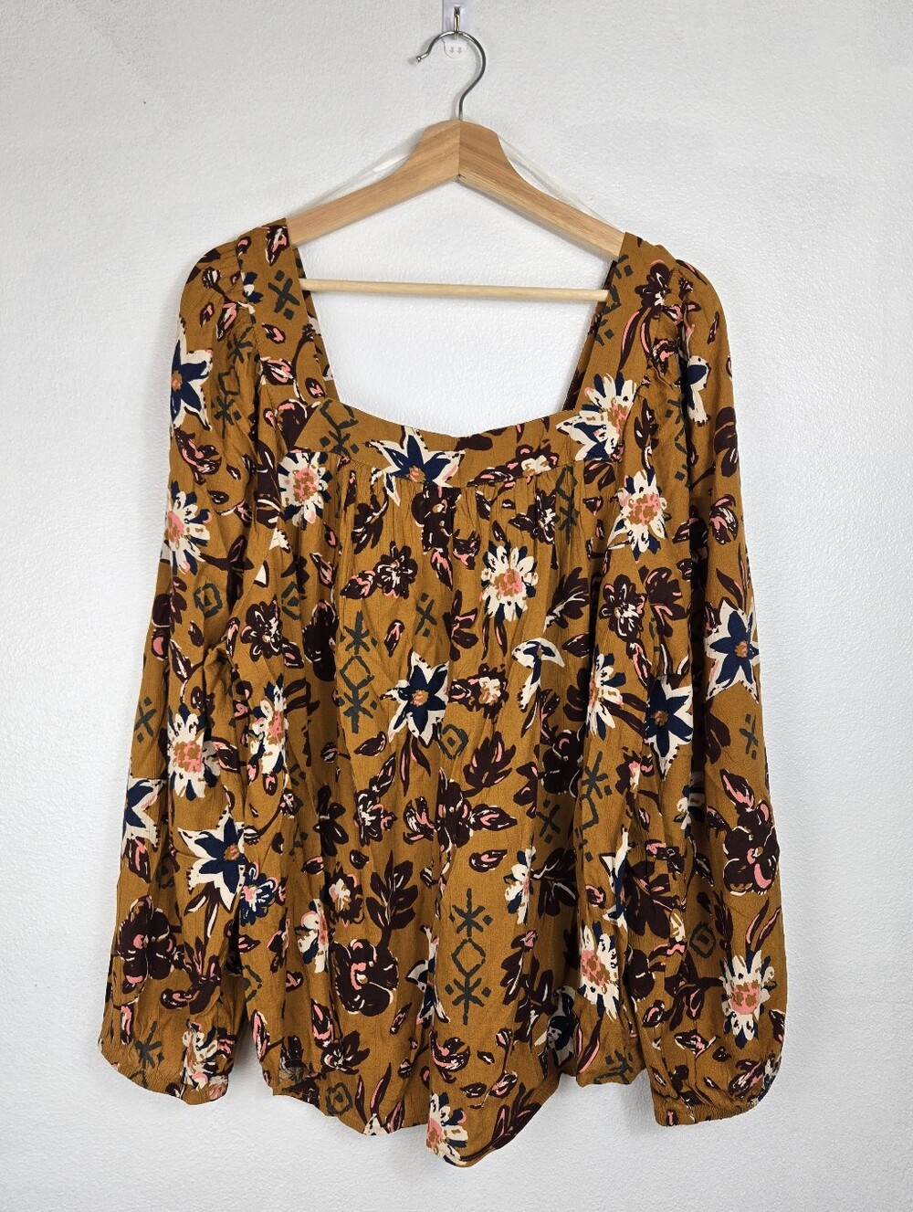Floral Mustard Yellow Whimsical Fall Boho Peasant long sleeve Blouse Size 1X